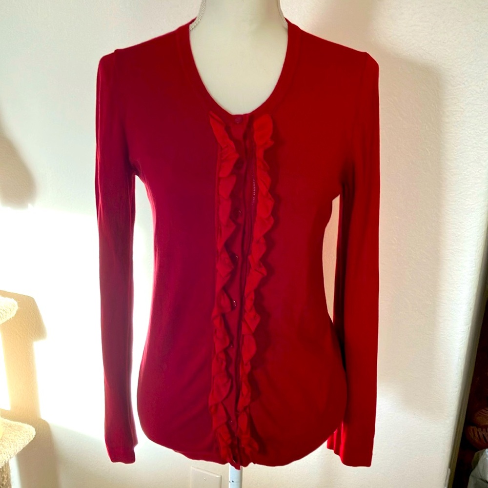 Y2k Tommy Hilfiger Women's Red Ruffle Front cardigan sweater  Size:S/P